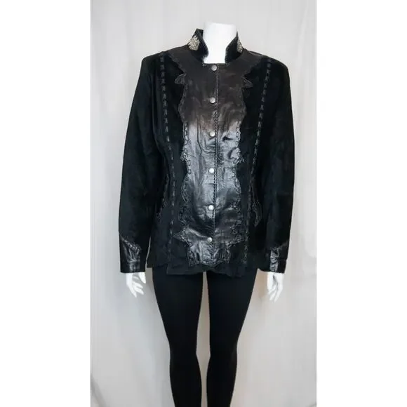 TRIBE AMERICA Women's Vintage Black Suede & Leather Beaded JacketUS 8 - Picture 2 of 14